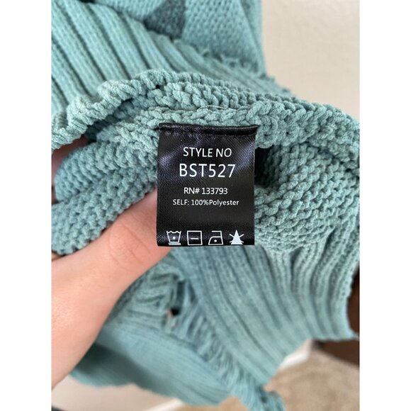 Pol Womens Hooded Star Knit Sweater Large Teal Distressed Drawstring Pullover - Picture 4 of 6